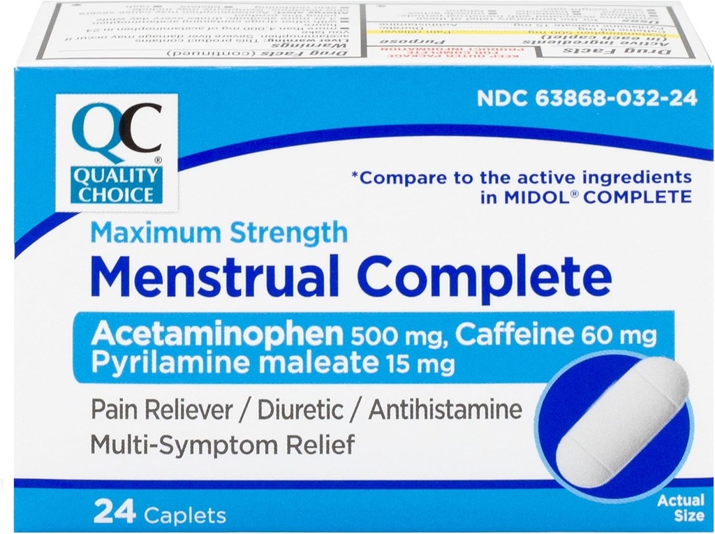 Qualità Scelta mestruale completa di massima resistenza periodo di dolore sollievo, 500 mg di acetaminofene, 60 mg di caffeina, 15 mg di pirilamina Maleate, grumi, Bloating, mal di testa.