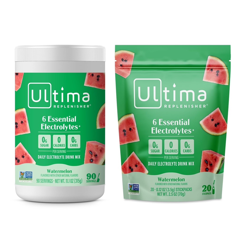 Ultima Replenisher Mélange de poudre d'électrolyte – sans sucre – pastèque, 90 boîtes de service et 20 sacs à bâton – 6 électrolytes et minéraux – Keto Friendly, Vegan, non-OGM