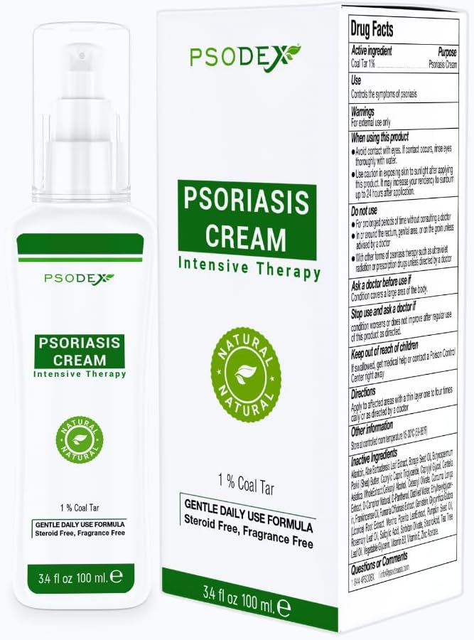 PSODEX Psoriasis Cream – 3.4fl oz topische Psoriasis Behandlung mit Kohlenteer, Salicylsäure, Teebaumöl, Aloe Vera – All-Natural Zutaten – beruhigende und feuchtigkeitsspendende Kohlenteer Psoriasis Creme