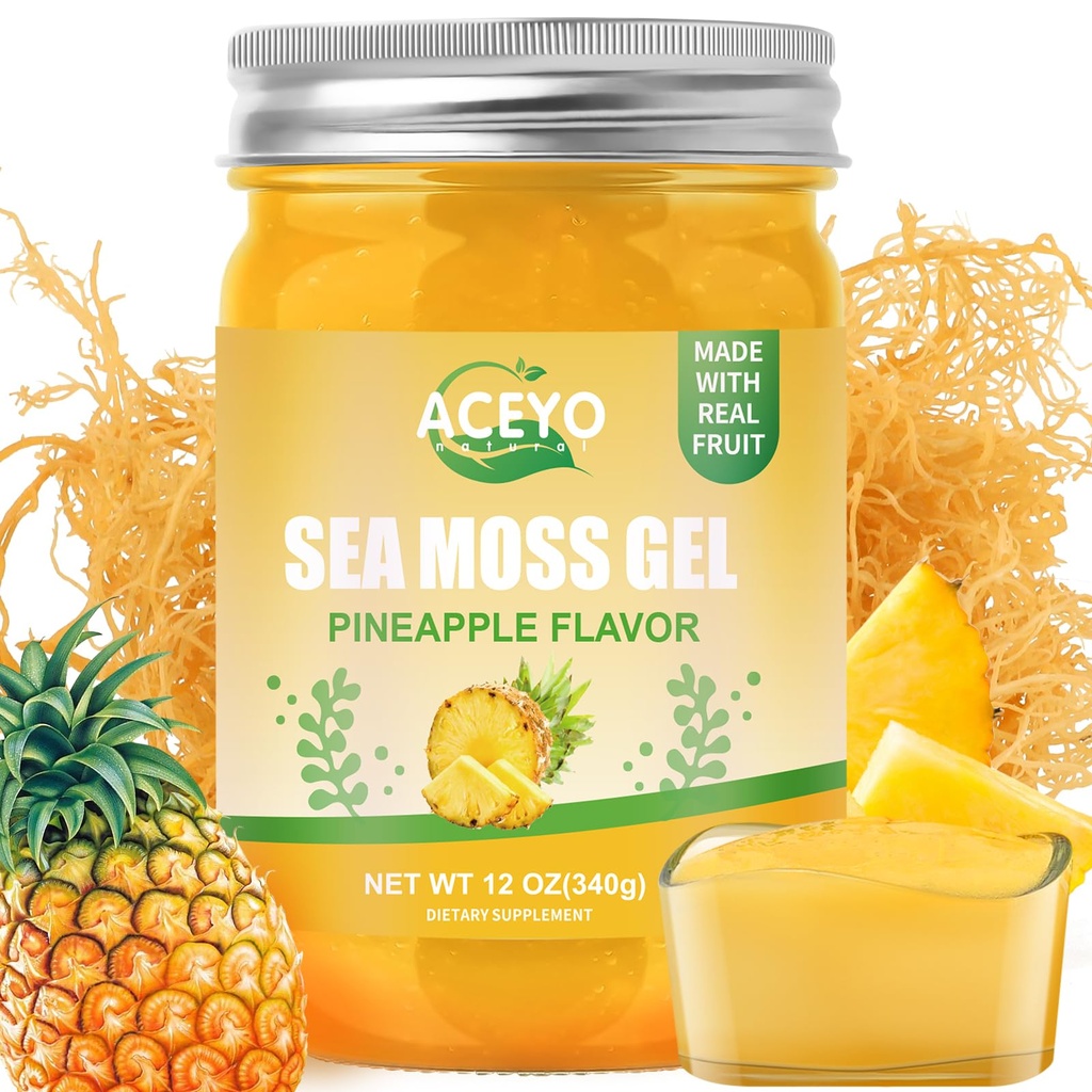 ACEYO (12 OZ Irish Sea Moss Gel Raw Vegan Ananas Flavor 102 Vitamine e Minerali Selvatici Harvested Non-GMO Immune Defense Booster Thyroid supporto digestivo