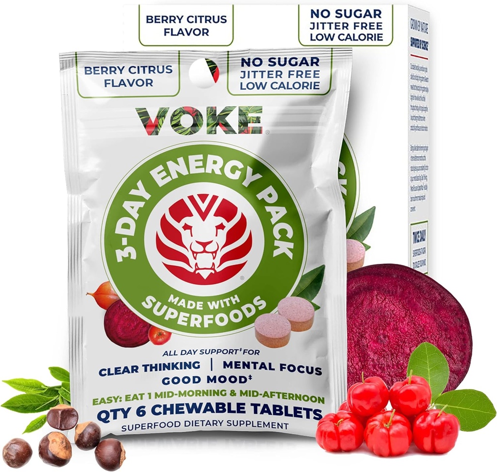 Voke Energy Tablets - Rapid Focus Superfood Chewable Tablets, Pocket Portable, Resealable Packaging, Vitamina C, Supports Focus Memoria Concentrazione Clear Thinking and Good Mood.