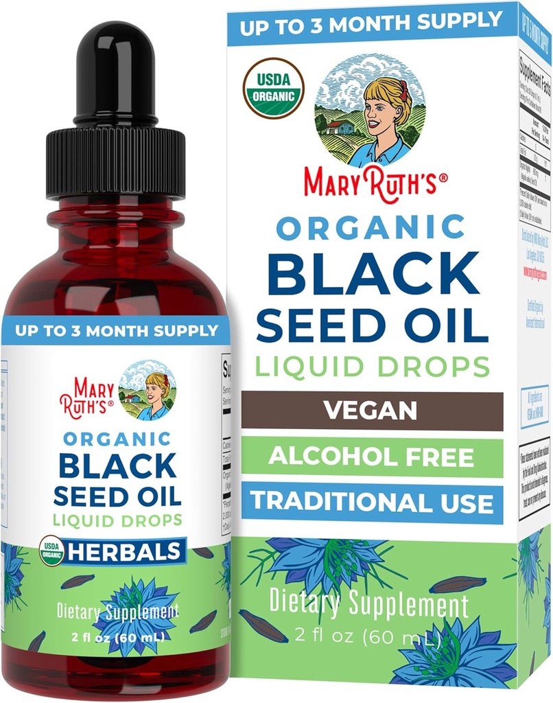 MaryRuth Organics Huile de graine noire gouttes liquides pressées à froid.