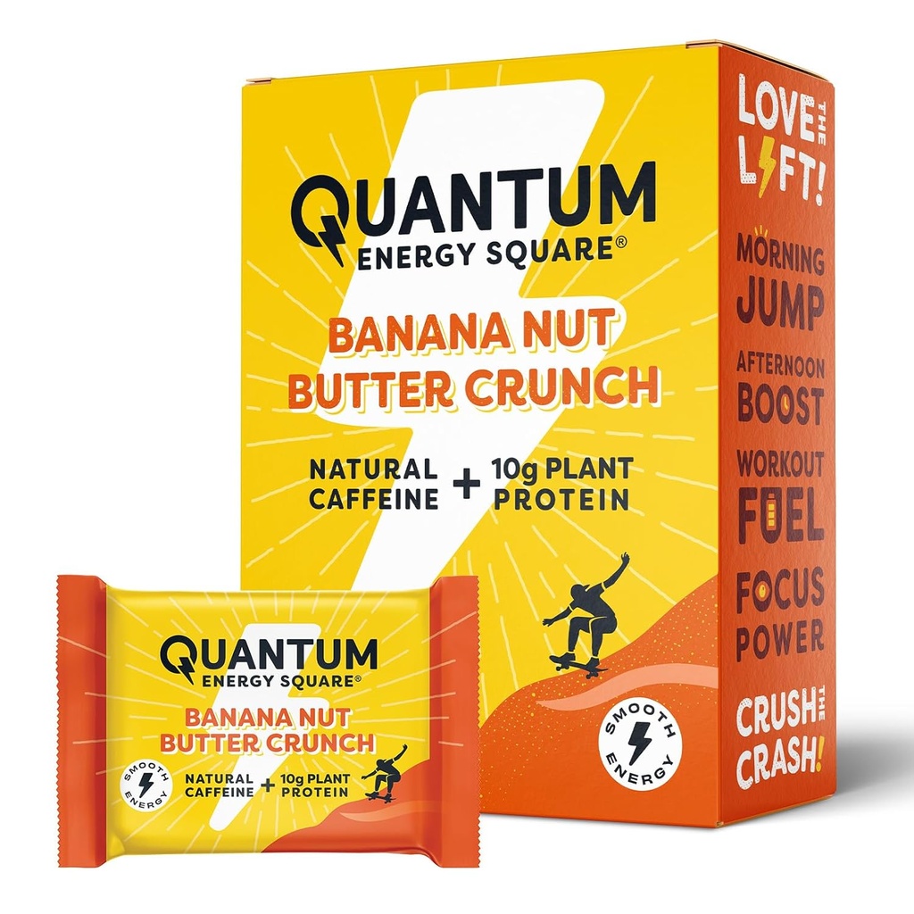 Quantum Energy Square: Energy Bar con Caffeina e 10g Protein. Delicious Healthy Snack On The Go. (Vegan, senza glutine, senza soia, senza latticini) - Banana Nut Butter Crunch 8Pk