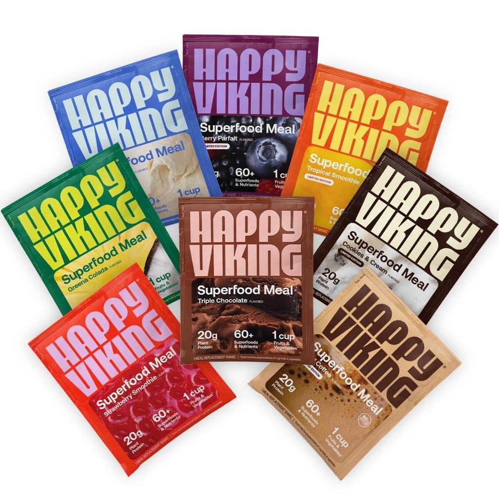 Happy Viking Variety Pack Plant Protein Powder, Erstellt von Venus Williams, 20G Protein, Low Carb, Keto, Vegan, Glutenfrei, Non-GMO, Superfoods, Complete Meal Replacement, 8 Single Serve Packs