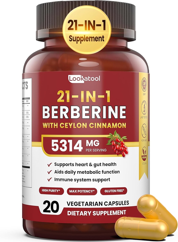 21-in-1 Berberine Ergänzung mit Ceylon Cinnamon - 1500mg Organic Berberine HCL Phytosome, 5X Höhere Absorption für Stoffwechselunterstützung 20 Kapseln