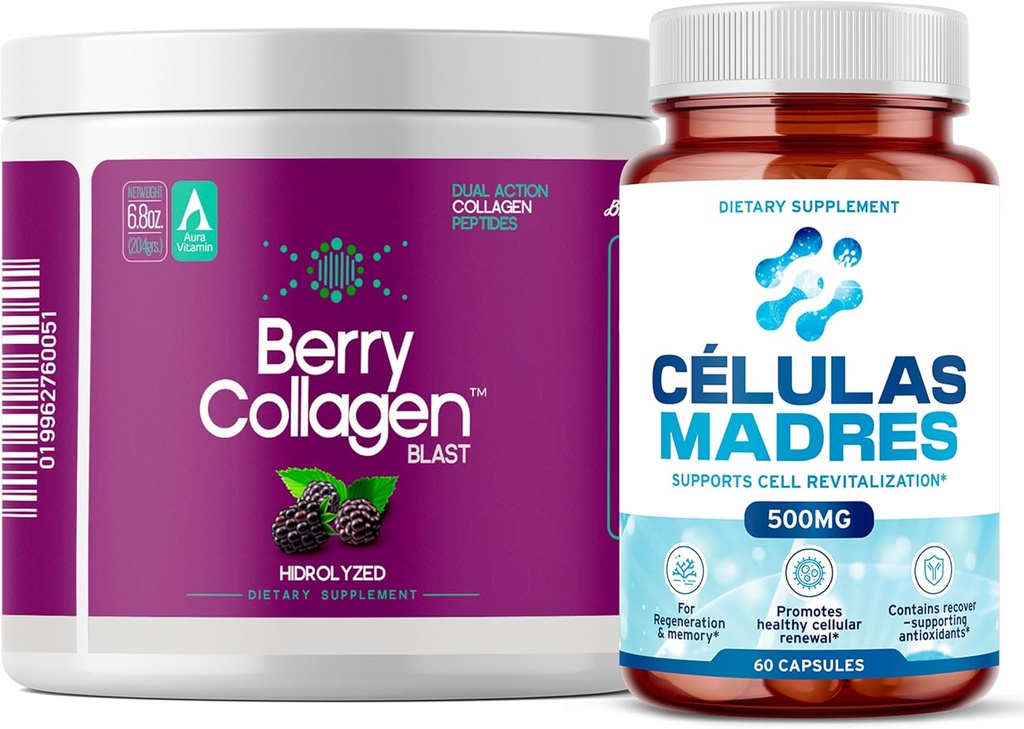 AFA Stem Cell Integra 500mg & Berry Collagen Blast Bundle | Antiaging, Immunity, Joint & Gut Health | 60 Caps + Polvere di collagene idrolizzata | Hair, Skin, Nail & Bone Support | 204g