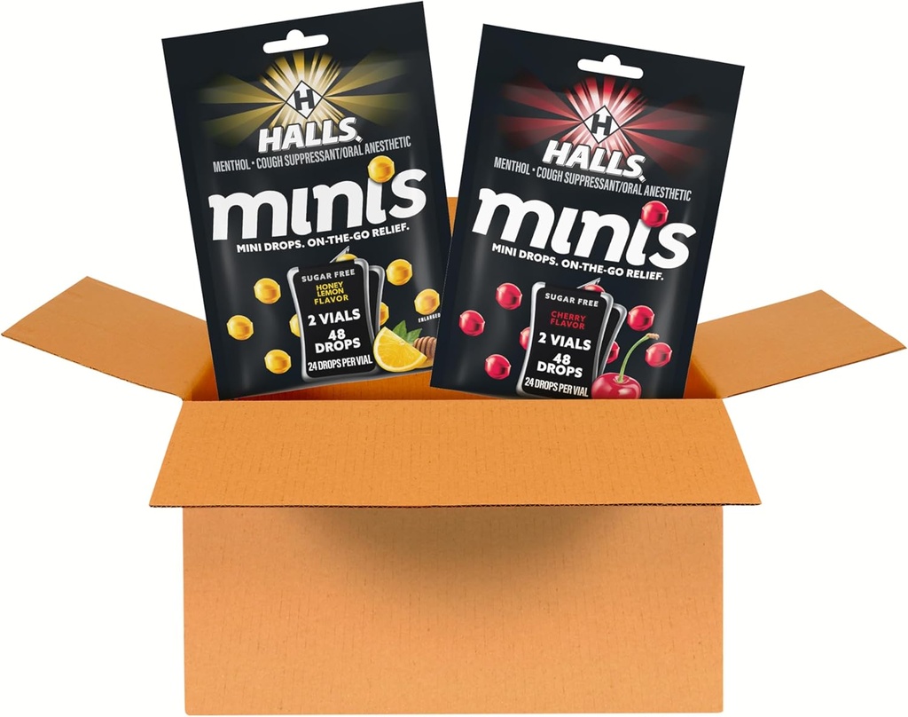 HALLS Minis Kirsche und Honig Zitronenzucker Kostenlose Cough Drops Sorte Pack, 2 Taschen, 4 Packungen (96 Total Drops)