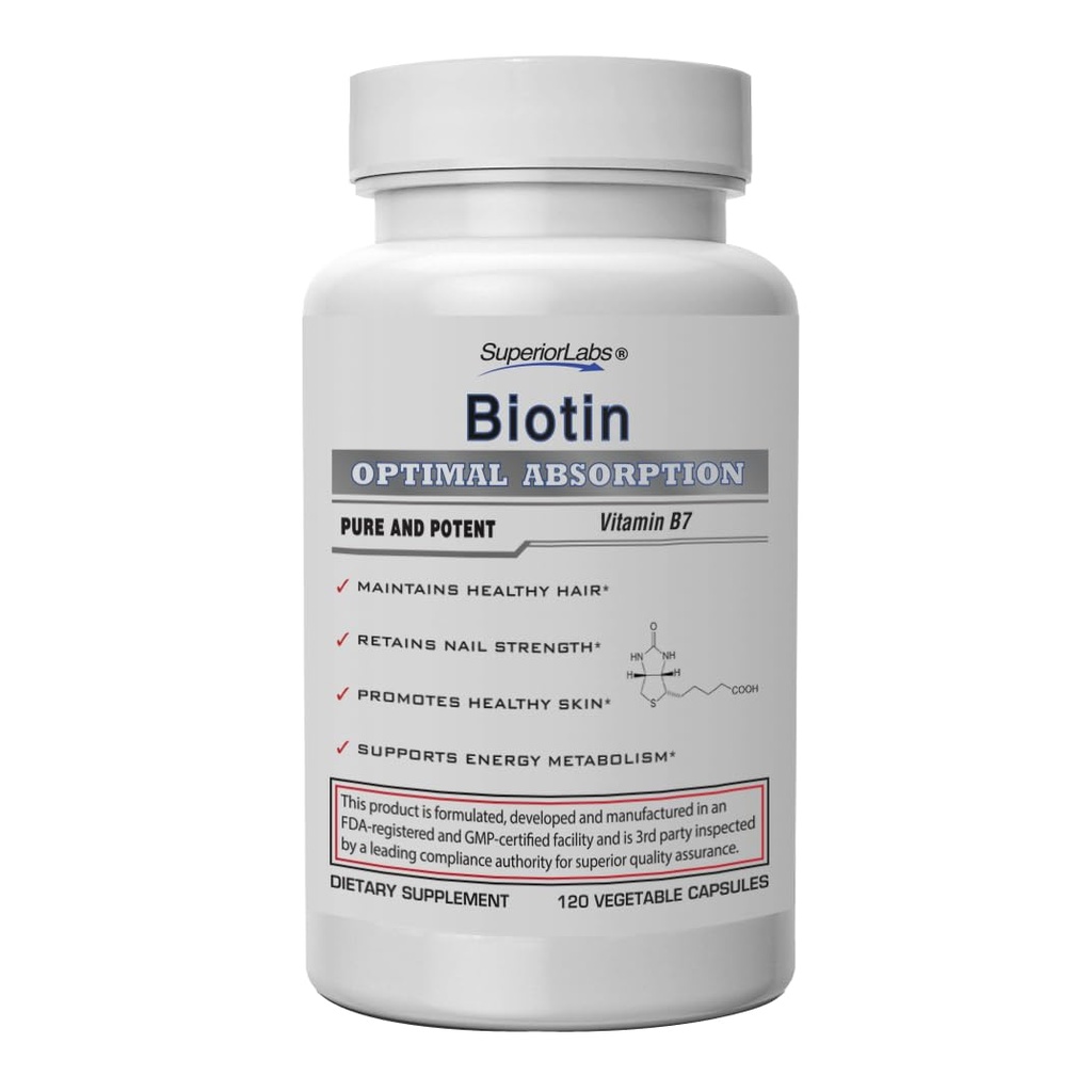 Superior Labs – Meilleur supplément naturel de biotine non OGM – pour les cheveux et les cils plus longs luscieux – Nails plus forts – peau saine – booster d'énergie – poids santé - 5000 mcg, 120 bouchons de légumes