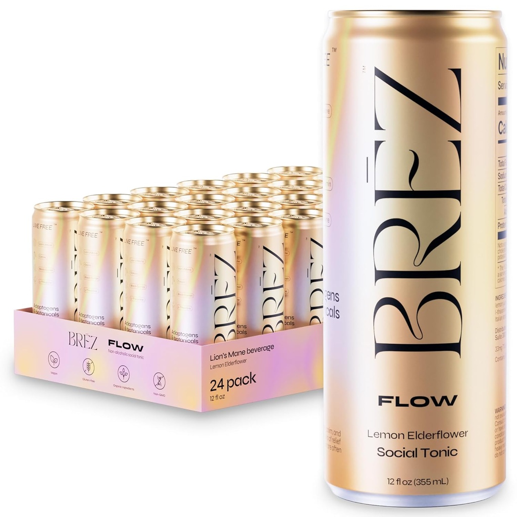 BREZ FLOW Lion's Mane Mushroom Drink, 24-Pack, Non-Infused, Adaptogene, Relieving, Uplifting und Social, Sparkling Lemon Elderflower Tonic 12 Fl oz
