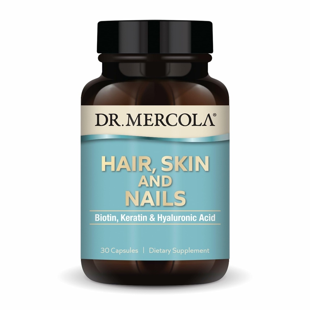 Dr Mercola Cheveux, peau et ongles - Fournit de la biotine, de la kératine et de l'acide hyaluronique - Qualité supérieure - Soutient le vieillissement en santé - Non-OGM, sans gluten et sans soja - 30 capsules (30 portions)