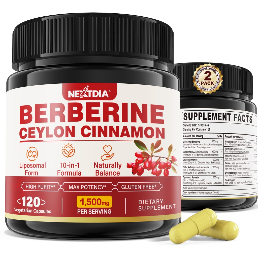 2 Pack 1500mg Liposomal Berberine HCL mit Ceylon Cinnamon Bitter Melon, Organic Berberine Complex Supplements mit Banana Leaf, unterstützt Immun- & Verdauung - Vegan 240 Kapseln