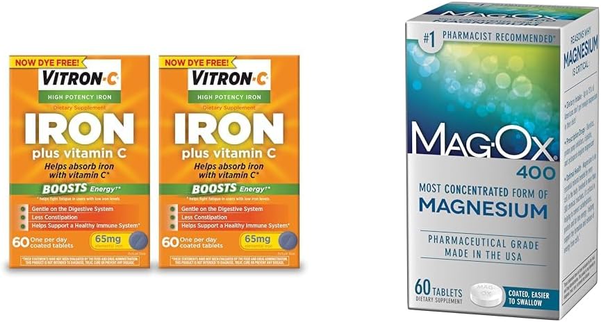 Vitron-C Eisenergänzung Plus Vitamin C, 60 Count, 2 Pack Bundle mit Mag-Ox 400 Magnesium Mineral Nahrungsergänzungsmittel Tabletten, 60 Count