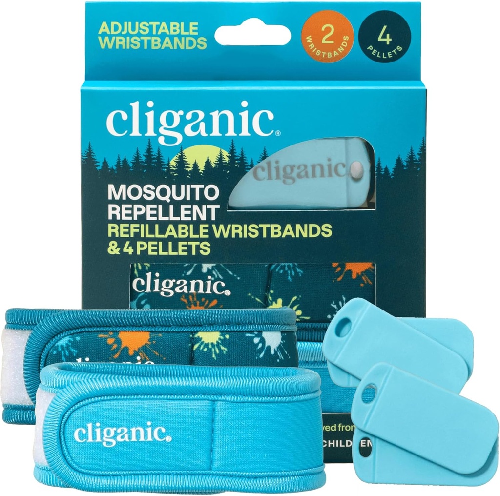 Cliganic Moskito Repellent Pack (2 Armbänder + 4 Refill Pellets) - einstellbar, natürlich DEET-frei, ätherisches Öl infundiert