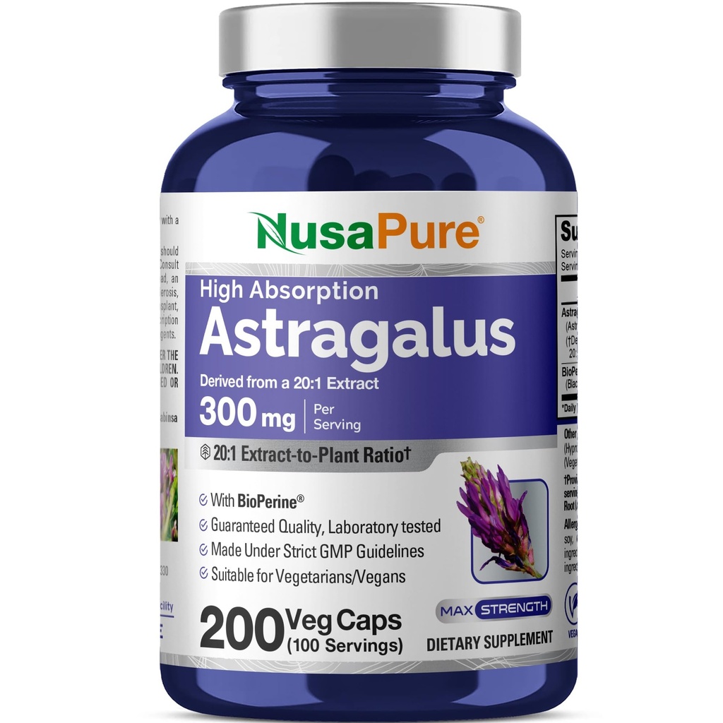 NusaPure Astragalus 20:1 Estratto, 300 mg Equivalente a 6.000 mg Per Serving, 200 capsule vegetali, Non OGM & Bioperine