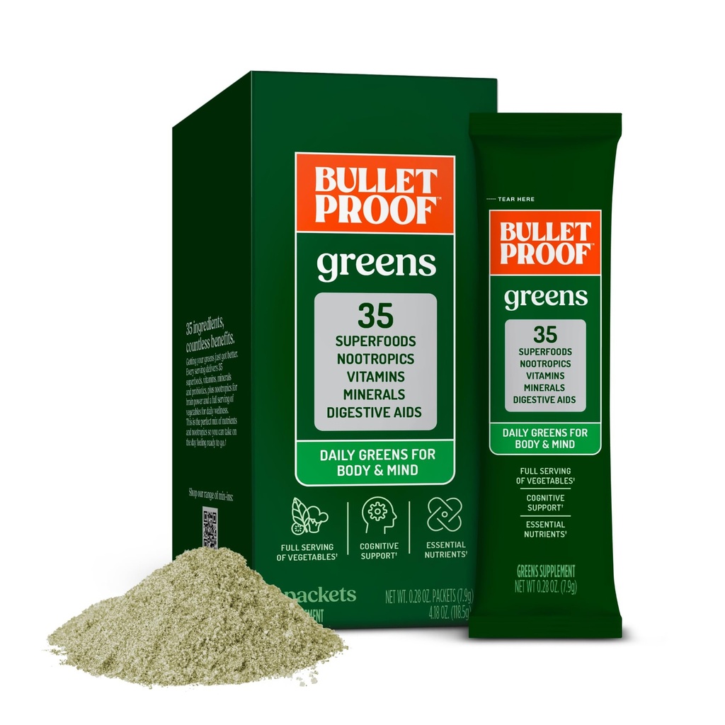 Paquets Greens Bulletproof, 15 Comte, Poudre de Greens Quotidien avec Superfoods et Nootropics, Pleine portion de légumes, Nutriments essentiels