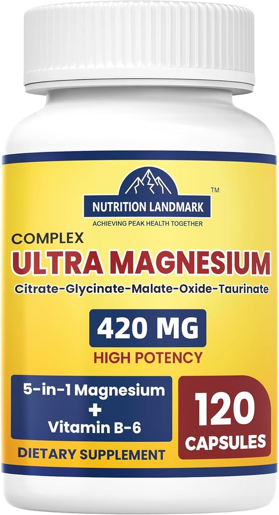 Magnesio supplemento complesso con vitamina B6, 2 mesi di alimentazione di 420mg 5-in-1 Magnesio Ossido, Taurate, Malato, Citrato, Glycinate Max Absorption Magnesio Supplemento per calma, sonno e gambe Crampe