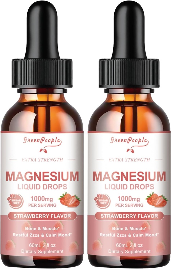 GREENPEOPLE Magnesium Glycinat Flüssigkeitstropfen - 1000mg 5-in-1 Hohe Absorption flüssiges Magnesium-Komplex mit D3/K2/B6 | Fast-Acting, Knochen, Muskel & Schlaf | Zuckerfreie Erdbeer-Flaschen, 2fl Oz 2 Packung