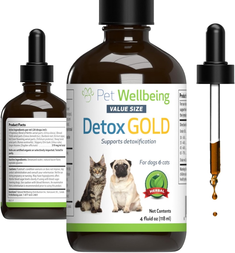 Benessere animale Detox Gold per cani e gatti - Detoxification & Elimination Support, Immune System Care, Nettle, Beato Thistle - Veterinarian-Formulated Herbal Supplement 4 oz (118 ml)