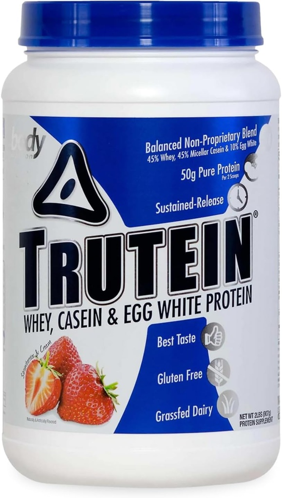 Body Nutrition Trutein High Protein Powder: 45% Whey, 45% Casein, 10% Eiweiß, Glutenfrei, Low Sodium, Gras Fed Whey Protein Powder, Gym Supplement & Breakfast Shake, Erdbeeren & Cream, 2lb