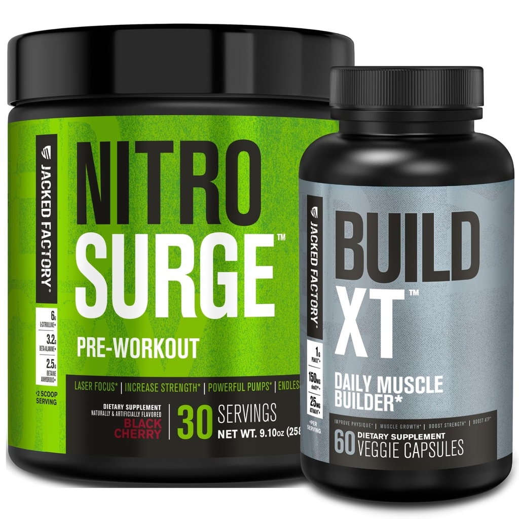 Jacked Factory Nitrosurge Pre-Workout in Black Cherry & Build XT Muscle Building Bundle per uomini e donne