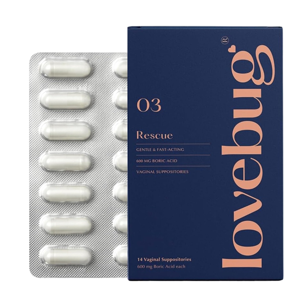 LoveBug Women's Health Rescue Vaginal Boric Acid Suppositories für Damen - Schnelles Aktives Suppository für Odor, Discharge, Hefe und pH Balance mit Kokosöl, Hyaluronsäure & Vitamin E, 14 ct