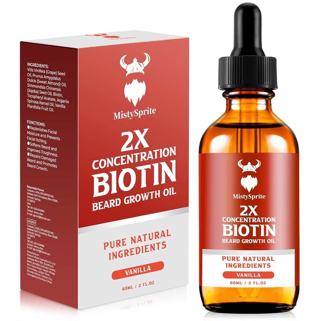 Bart Growth Oil - 2X Konzentration Biotin für Männer (2 oz) - Natürlich mit Argan, Jojoba und Vitamin, Wachstumsweichmacher, Moisturizer (Vanilla)