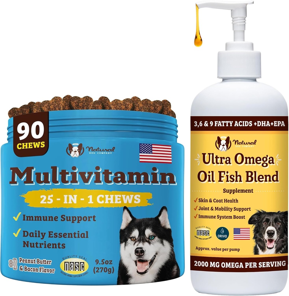 Natural Dog Company Multivitamin Chews e Ultra Omega Oil per cani attivi - Nutrient-Rich Dog Treats con Omega-3 e vitamine essenziali, Supporta la salute cognitiva e la vitalità complessiva per tutte le razze
