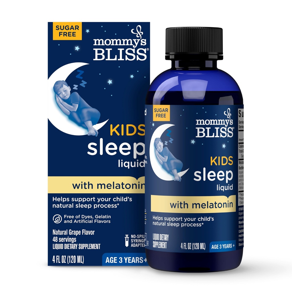 Bliss Kids Sleep Liquid con Melatonin & Calming Herbs | Melatonin for Children 3 Years & Up | Grape Flavor | Sugar Free | 4 Fl Oz (60 Serve)