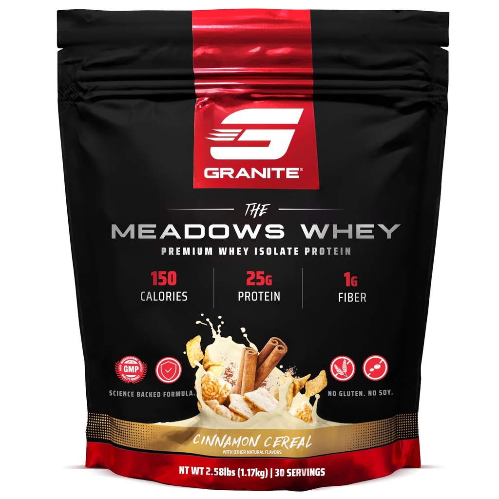 Granit Ergänzungen Die Meadows Whey Protein Isolate Protein Pulver für Lean Muscle mit 150 Kalorien, 2g Fiber, 1g Zucker (30 Servierungen), Cinnamon Getreide Geschmack