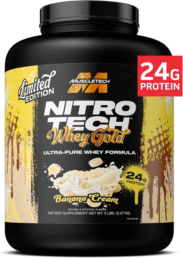 Poudre de protéines de lactosérum de MuscleTech (crème de banane, 5LB) - Mélange de protéines de lactosérum de Nitro-Tech pour les muscles maigres et la récupération rapide - 24g de protéines d'or de lactosérum pour les femmes et les hommes - Sans gluten