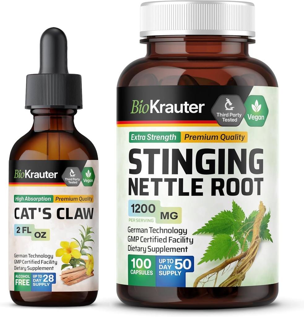 BIO KRAUTER Katzenkralle Tinktur 2 Fl. Oz. & Sting Nettle 100 Kapseln
