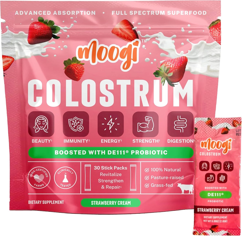 Polvere di Colostrum Premium MoogiTM (Strawberry Cream/30 Stick Pack) | Polvere di Colostrum Bovine per le donne e gli uomini con DE111® Probiotic | Integratore di Colostrum Fed per la salute del fegato, l'immunità, la pelle e i capelli
