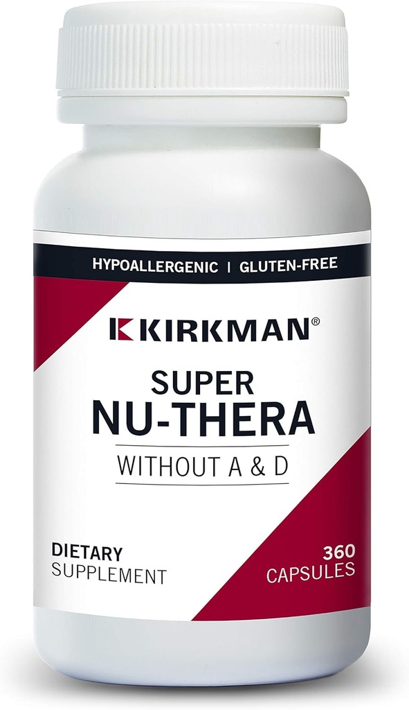 Kirkman Super Nu-Thera® w/o Vitamine A e D - Hypoallergenic | 360 Capsule Vegetariani || Multi Vitamin || Fornisce alta vitamina B-6 e contenuto di magnesio |||| Gluten e Casein Free