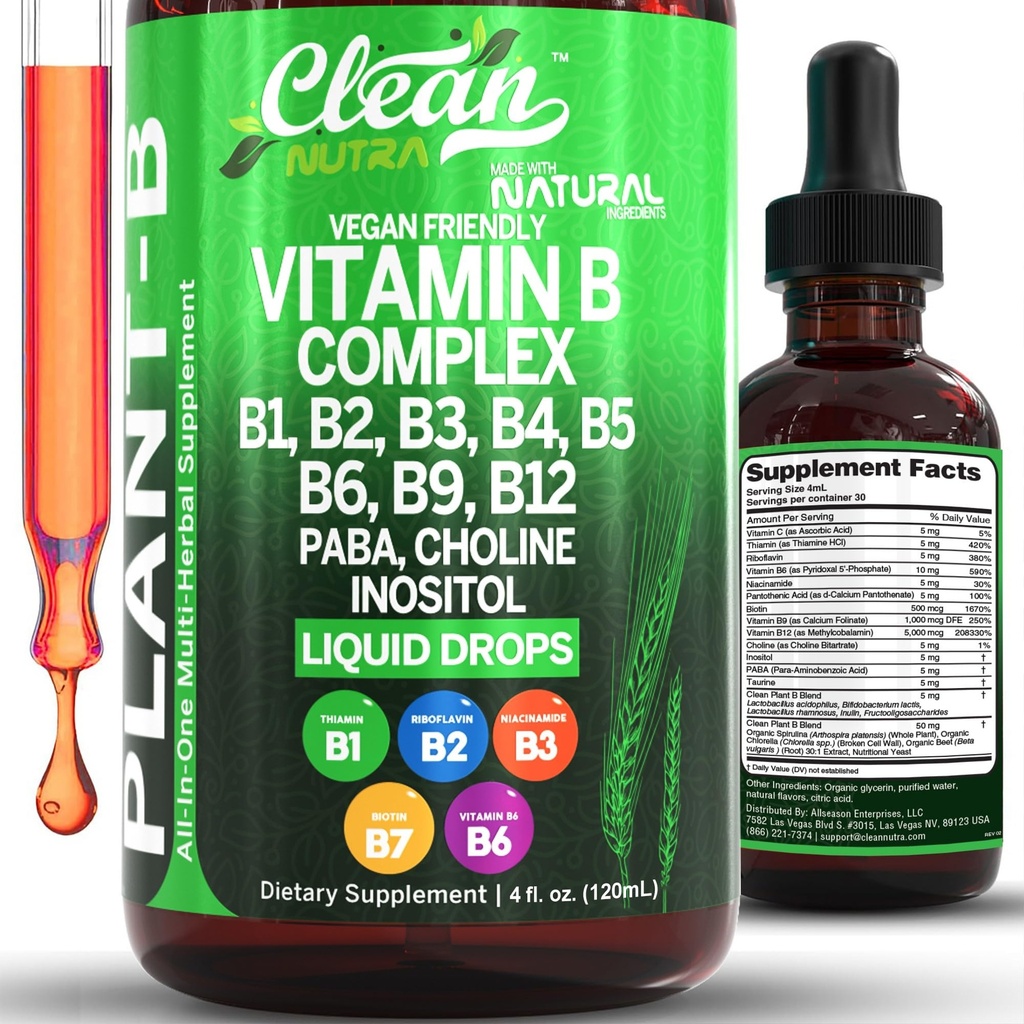 Vitamin B Complex Liquid Drops | Thiamine B1, B6, B2, B3, B4, B5, B7 B9, B12, Niacinamid, Paba, Choline Inositol Taurine Probiotics Beet Root Spirulina - Plant-B Vitamin Supplements von Clean Nutra