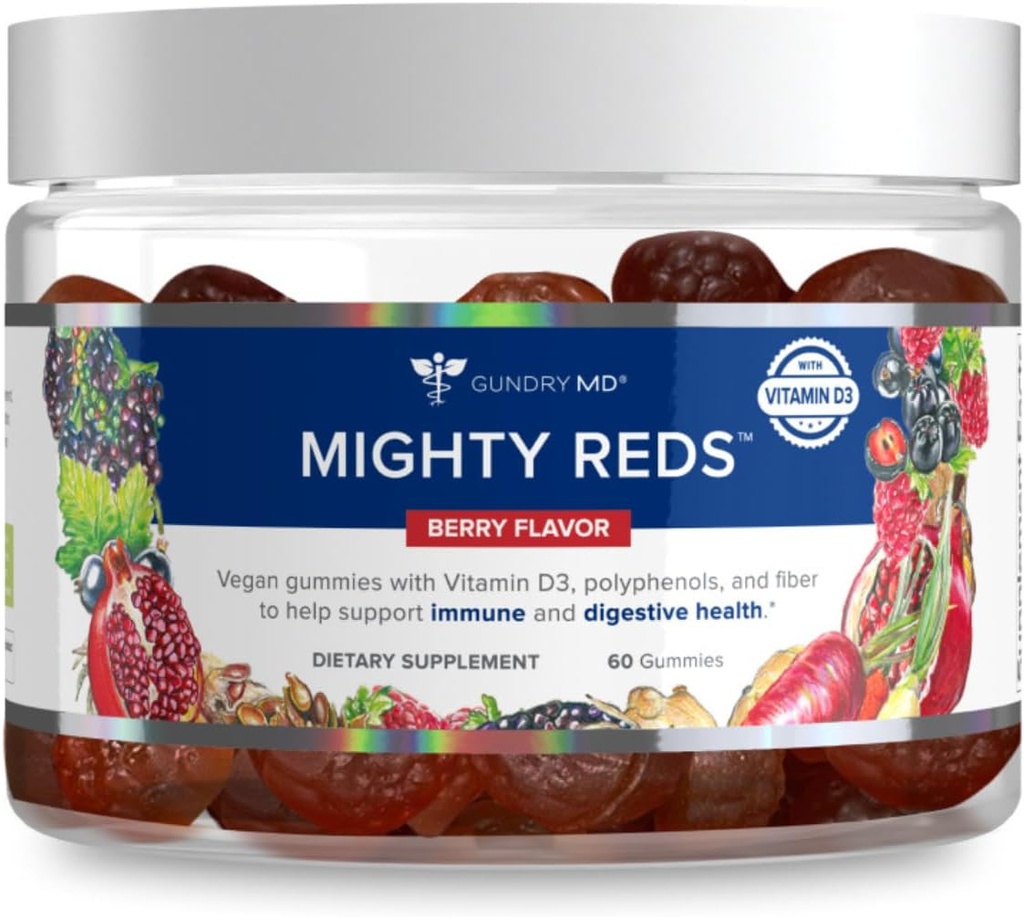 Gundry MD Mighty Reds Gummies, Gluten Free Soy Free Multivitamin Supplement Chews with Polyphenols, Antiossidanti, Fibra Prebiotica e Vitamina D - (30 Serve)