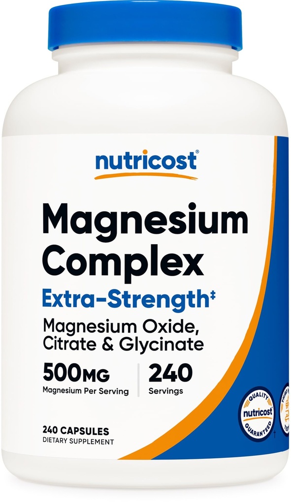 Nutricost Magnesio Complesso Extra Forza 500mg, 240 Capsule - Magnesio Ossido, Citrato e Glycinate - Gluten Libero e Non OGM