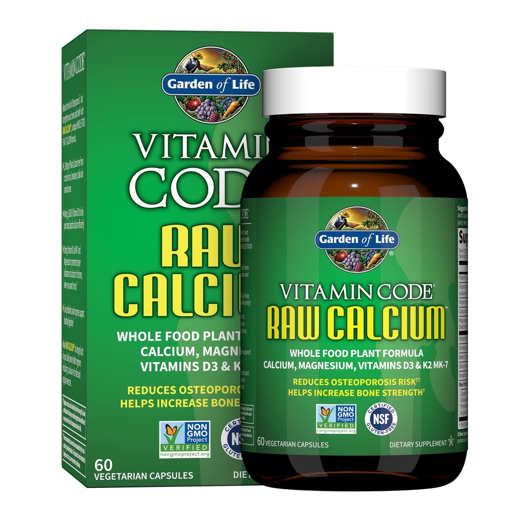 Garten des Lebens Rohe Kalzium-Ergänzung für Frauen und Männer - Vitamin-Code aus ganzer Nahrung mit Magnesium, K2, Vitamin D3 und Vitamin C Plus Probiotika für Verdauung, 60 Kapseln