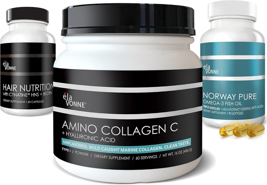 Collage marino + Vitamine di capelli + Olio di pesce Omega-3 - Bundle di nutrizione di bellezza - Pelle, Unghie, Giunti, Nutraceutica invecchiante
