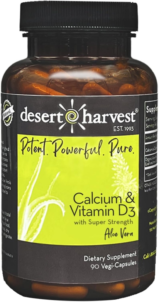 Carbonato di calcio di raccolta del deserto 250 mg + vitamina D3 100 IU Supplemento con Aloe Vera per l'assorbimento, 90 capsule