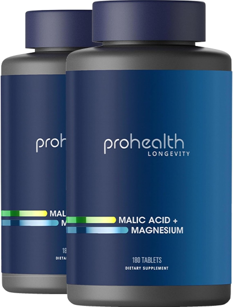 Acido malico ProHealth + Magnesio 2-Pack (180 compresse per bottiglia) - Essenziale per il rilassamento muscolare - Promuove ATP - Promuove la corretta funzione del muscolo