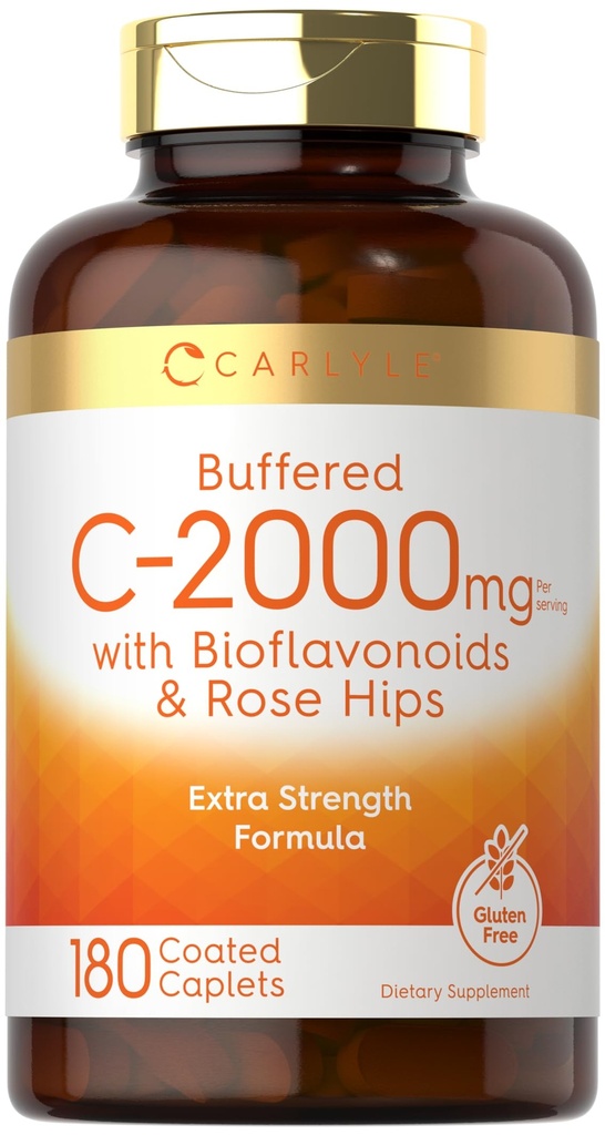 Carlyle Buffered Vitamin C | 2000mg | 180 Caplets | mit Bioflavonoiden und Rose HIPS | Vegetarisch, Non-GMO und Glutenfreie Ergänzung