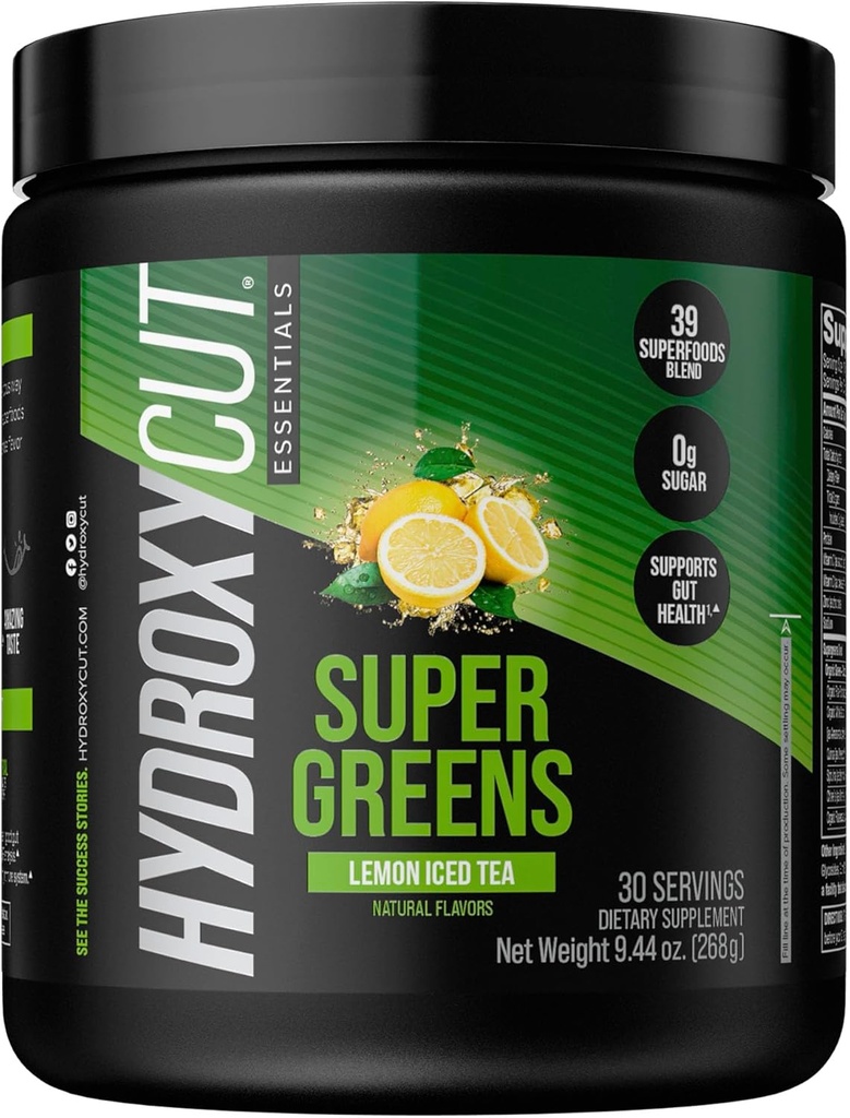 Hydroxycut Essentials Super Greens (39 superaliments) Mélange, fruits, légumes et céréales, vitamine C et zinc pour le soutien immunitaire, probiotiques et prébiotiques et Gut Health Support. 30 Servants (Lemon Iced Tea)