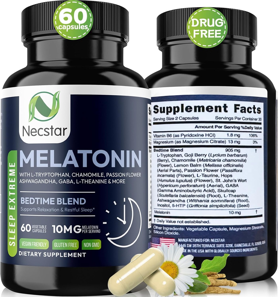 Necstar Melatonin 10mg, Sleep Aid for Adults, Extra Strength with Ashwagandha, Magnesio, L-teanina, GABA, Lemon Balm e Camomilla Sleep Support Supplement, Vegan, Non OGM, Gluten-Free, 60 Capsule