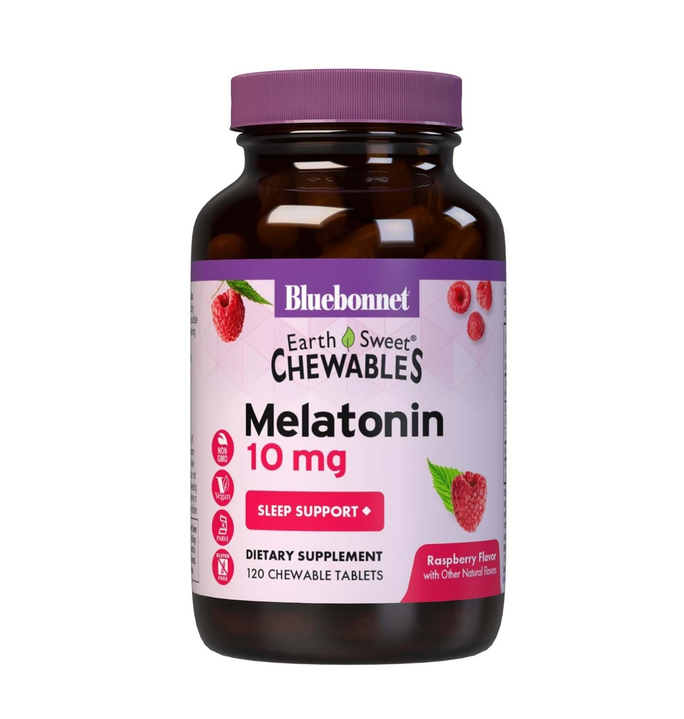 BlueBonnet Nutrition EarthSweet Melatonin 10 mg Fast-Acting Quick Dissolve Nighttime Relaxation & Restful Sleep Support - Schlafhilfe - Glutenfrei, Vegan - Raspberry Flavor - 120 Chewable Tablets