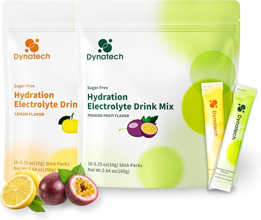 Dynatech Zero Sugar Electrolyte Drink Mix - Lemon,Passion Fruit - Idration Powder Packets with 10 Electrolytes & Vitamins | Non-GMO, Gluten Free, Vegan Electrolytes Powder Packets | 32 Servings