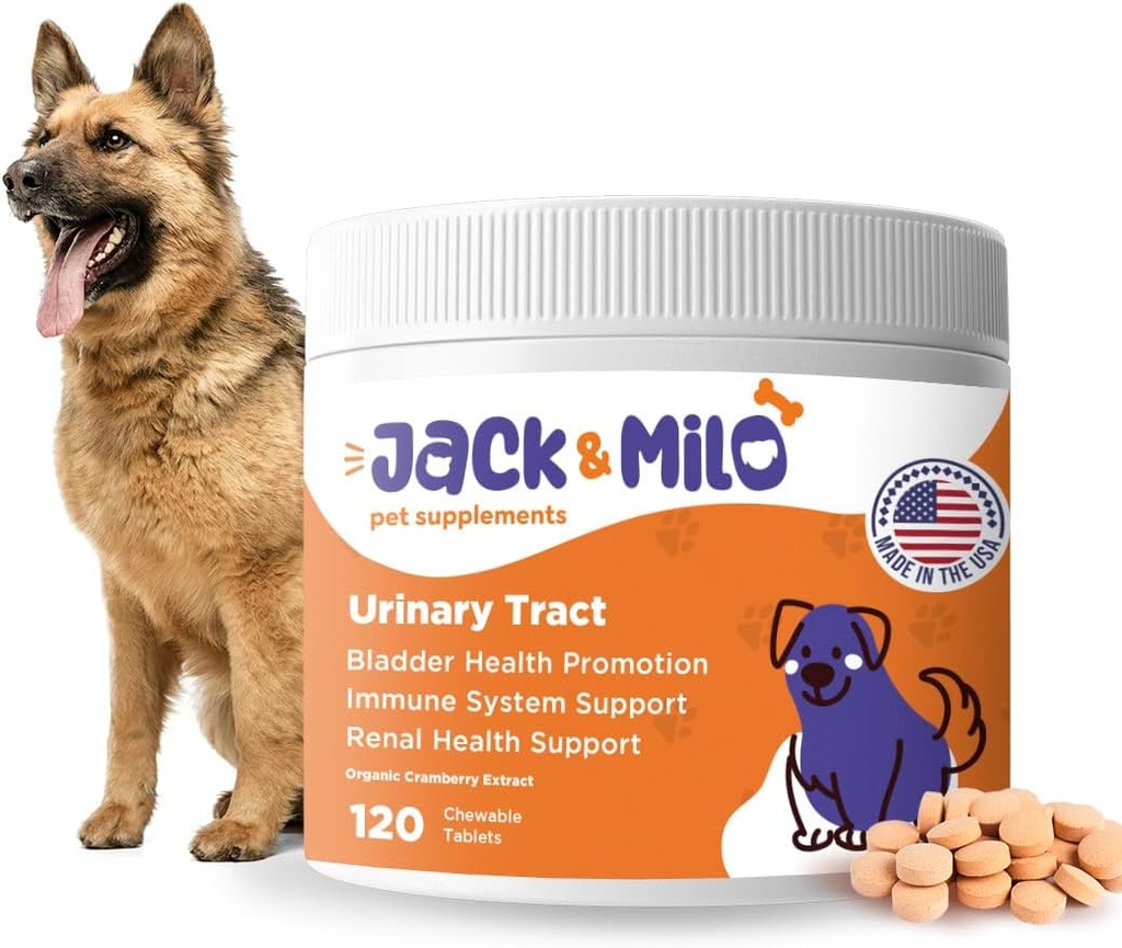 Jack & Milo - Supplément pour chiens, chien incontinence UTI, contrôle du rein et du bardeur - canneberge et antioxydants, biologique - contrôle du bardeur pour chiens, USA Made-Non OGM - 120 comprimés