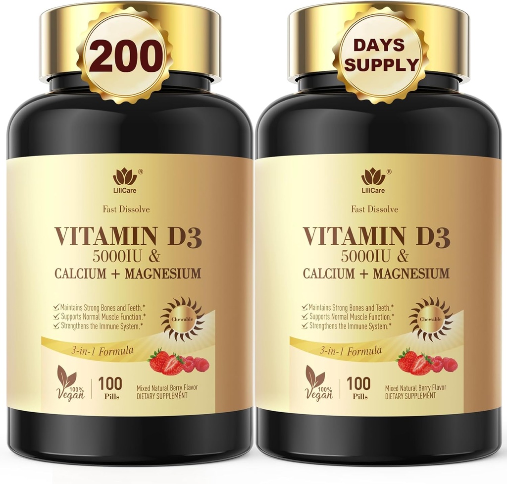 Fast Dissolve Vitamin D3 5000IU mit Calcium & Magnesium - für schnelle Nährstoffabsorption-Sugar Freie Kaubare Ergänzung für Knochenstärke, Zähne, Muskel, Immungesundheit, 200 Fast Melt Tabletten
