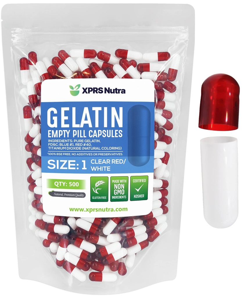XPRS Nutra Taille 1 Capsules vides - 500 Compte Capsules de gélatine vides - Remplissage de la gélule de bricolage - Capsules de gel de pilules pures pour les suppléments Do-It-Youlf (rouge clair/blanc)