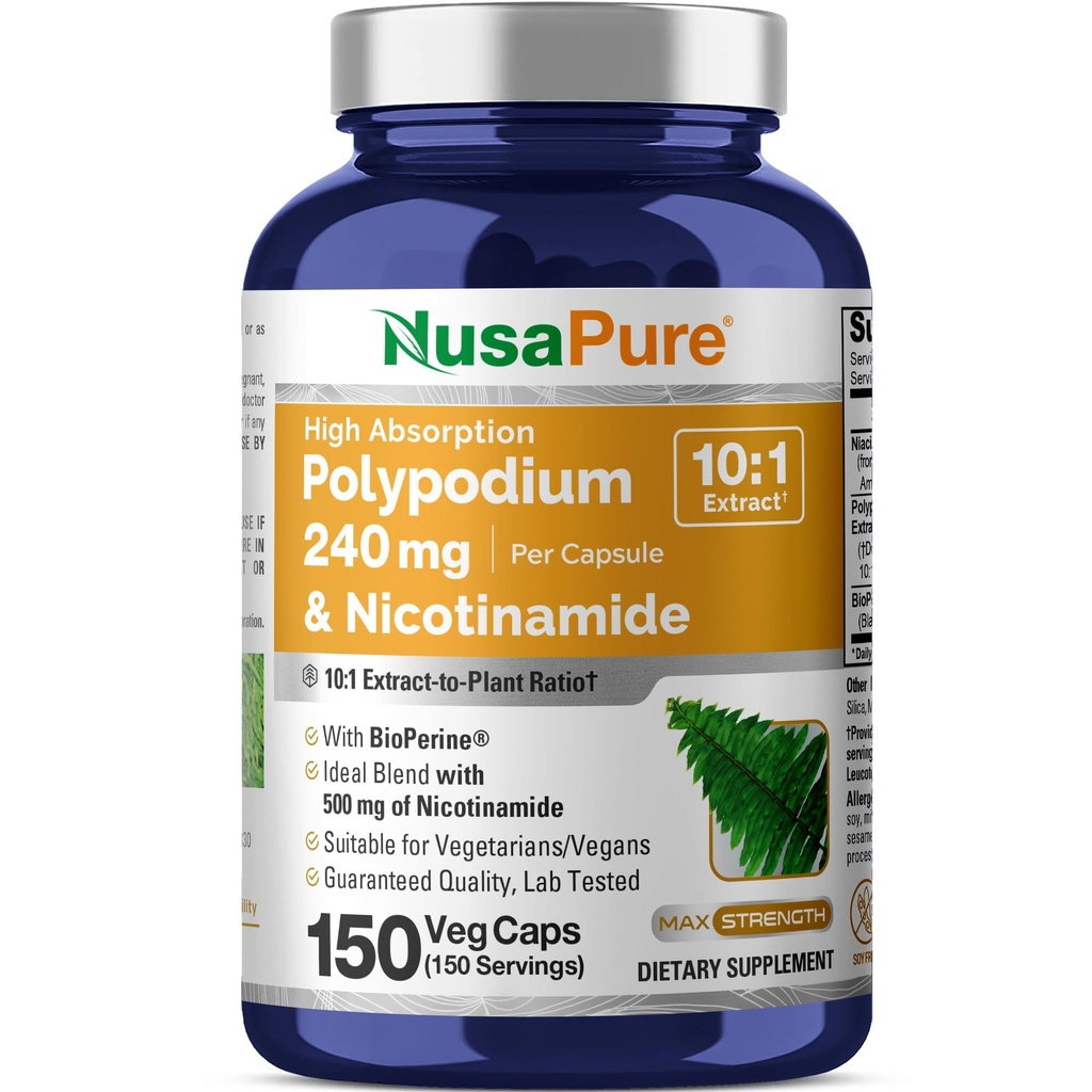 NusaPure Polypodium Nicotinamid 10:1 Extrakt, 240 mg Äquivalent zu 2400 mg pro Veg Caps - 150 Count (Non-GMO, Soyfree, Bioperine)