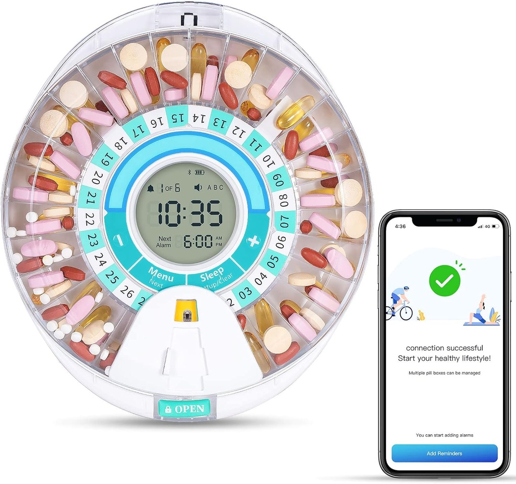 Zoksi Nouveau distributeur automatique de pilules intelligent Bluetooth, distributeur électronique de médicaments pour personnes âgées, 28 compartiments Organisateur de médicaments avec triple rappel